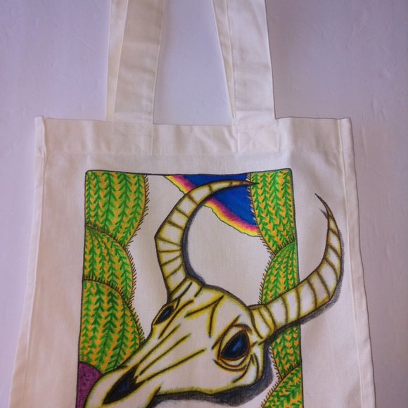 Hand-Painted Cow Skull Tote Bag: Desert Cactus Scene 14x13x7 - Picture 2 of 16